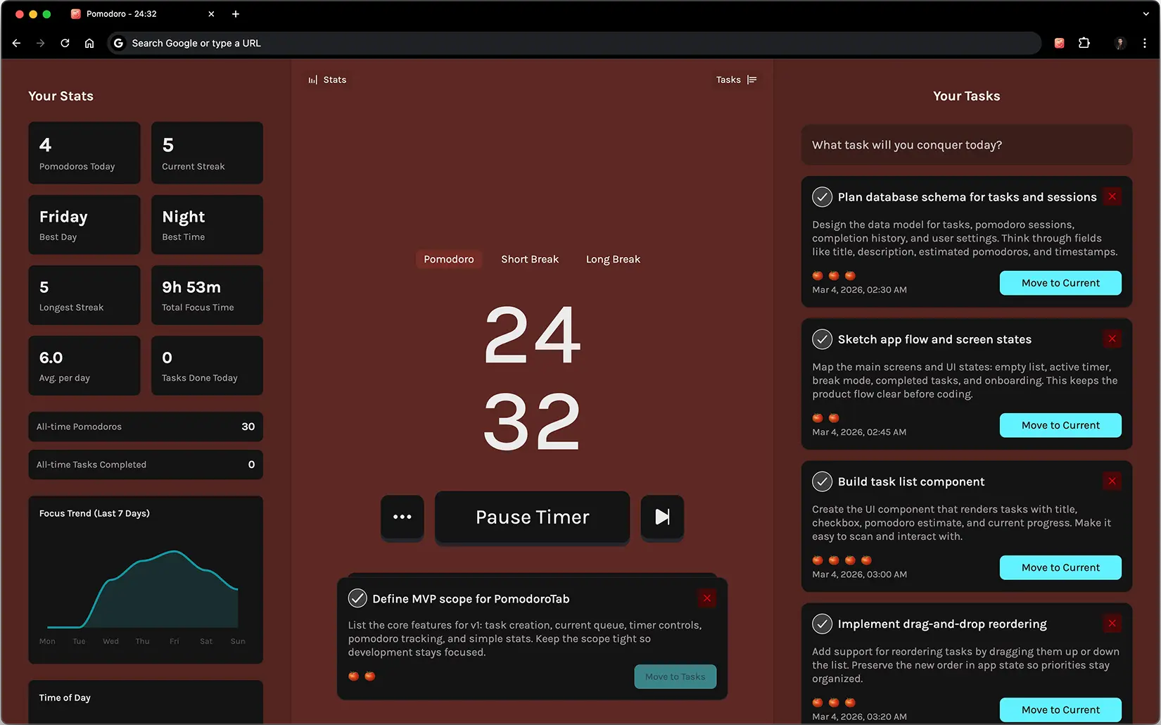 Online pomodoro timer running a 25-minute focus session with task management in the browser